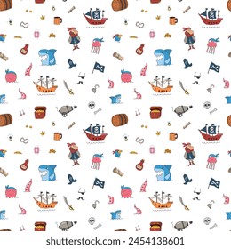 Cute Pirate elements Seamless Pattern. Cartoon items Pirate and objects. background. Vector illustration.