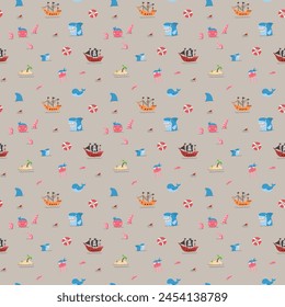 Cute Pirate elements Seamless Pattern. Cartoon items Pirate and objects. background. Vector illustration.