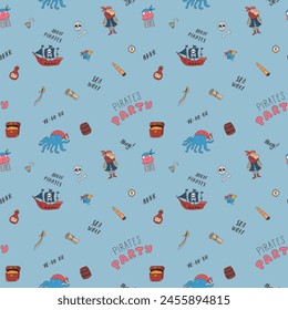 Cute Pirate elements Seamless Pattern. Cartoon items Pirate and objects. background. Vector illustration.