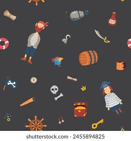 Cute Pirate elements Seamless Pattern. Cartoon items Pirate and objects. background. Vector illustration.