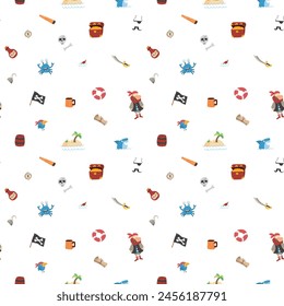 Cute Pirate elements Seamless Pattern. Cartoon items Pirate and objects. background. Vector illustration.