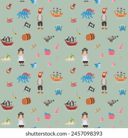 Cute Pirate elements Seamless Pattern. Cartoon items Pirate and objects. background. Vector illustration.