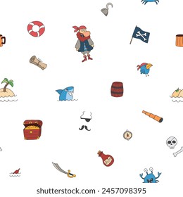 Cute Pirate elements Seamless Pattern. Cartoon items Pirate and objects. background. Vector illustration.