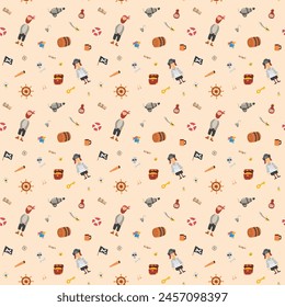 Cute Pirate elements Seamless Pattern. Cartoon items Pirate and objects. background. Vector illustration.