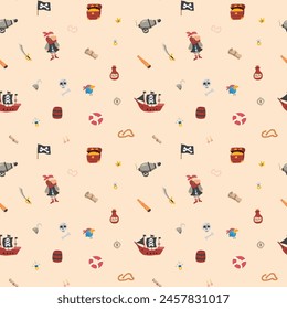 Cute Pirate elements Seamless Pattern. Cartoon items Pirate and objects. background. Vector illustration.
