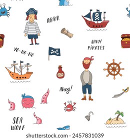 Cute Pirate elements Seamless Pattern. Cartoon items Pirate and objects. background. Vector illustration.