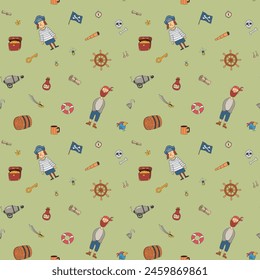 Cute Pirate elements Seamless Pattern. Cartoon items Pirate and objects. background. Vector illustration.