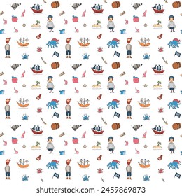 Cute Pirate elements Seamless Pattern. Cartoon items Pirate and objects. background. Vector illustration.