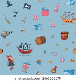 Cute Pirate elements Seamless Pattern. Cartoon items Pirate and objects. background. Vector illustration.