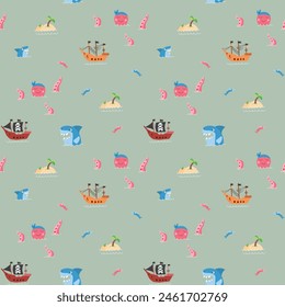 Cute Pirate elements Seamless Pattern. Cartoon items Pirate and objects. background. Vector illustration.