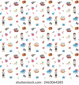 Cute Pirate elements Seamless Pattern. Cartoon items Pirate and objects. background. Vector illustration.