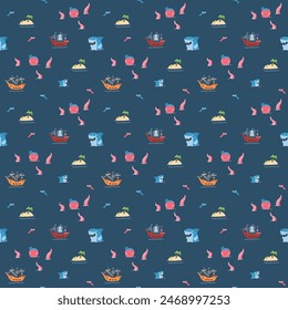 Cute Pirate elements Seamless Pattern. Cartoon items Pirate and objects. background. Vector illustration.