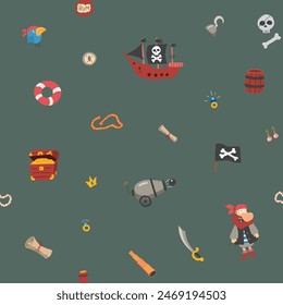 Cute Pirate elements Seamless Pattern. Cartoon items Pirate and objects. background. Vector illustration.