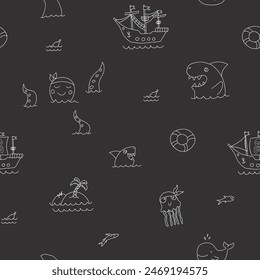 Cute Pirate elements Seamless Pattern. Cartoon items Pirate and objects. background. Vector illustration.