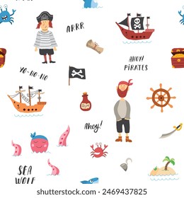 Cute Pirate elements Seamless Pattern. Cartoon items Pirate and objects. background. Vector illustration.