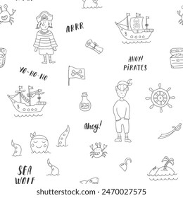 Cute Pirate elements Seamless Pattern. Cartoon items Pirate and objects. background. Vector illustration.