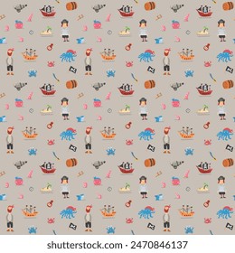 Cute Pirate elements Seamless Pattern. Cartoon items Pirate and objects. background. Vector illustration.