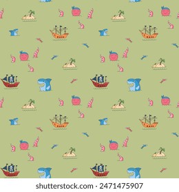 Cute Pirate elements Seamless Pattern. Cartoon items Pirate and objects. background. Vector illustration.