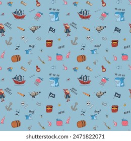 Cute Pirate elements Seamless Pattern. Cartoon items Pirate and objects. background. Vector illustration.