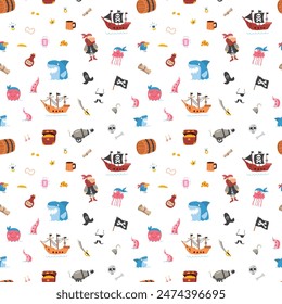 Cute Pirate elements Seamless Pattern. Cartoon items Pirate and objects. background. Vector illustration.