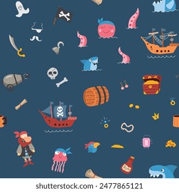 Cute Pirate elements Seamless Pattern. Cartoon items Pirate and objects. background. Vector illustration.