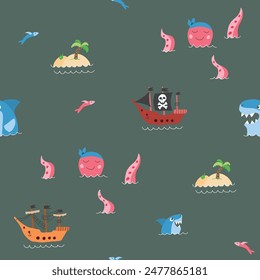 Cute Pirate elements Seamless Pattern. Cartoon items Pirate and objects. background. Vector illustration.