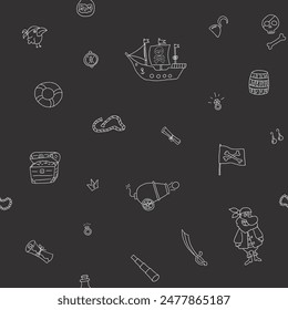 Cute Pirate elements Seamless Pattern. Cartoon items Pirate and objects. background. Vector illustration.