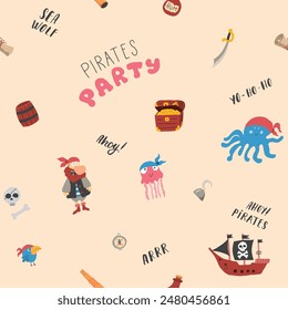 Cute Pirate elements Seamless Pattern. Cartoon items Pirate and objects. background. Vector illustration.