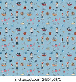 Cute Pirate elements Seamless Pattern. Cartoon items Pirate and objects. background. Vector illustration.