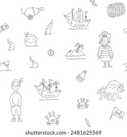 Cute Pirate elements Seamless Pattern. Cartoon items Pirate and objects. background. Vector illustration.