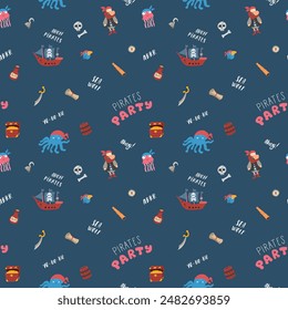 Cute Pirate elements Seamless Pattern. Cartoon items Pirate and objects. background. Vector illustration.