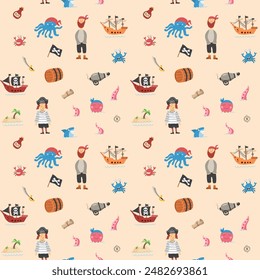 Cute Pirate elements Seamless Pattern. Cartoon items Pirate and objects. background. Vector illustration.