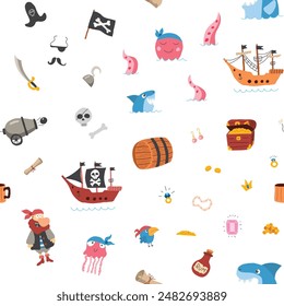 Cute Pirate elements Seamless Pattern. Cartoon items Pirate and objects. background. Vector illustration.