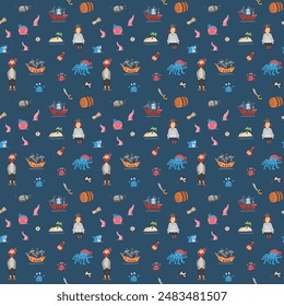 Cute Pirate elements Seamless Pattern. Cartoon items Pirate and objects. background. Vector illustration.