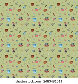 Cute Pirate elements Seamless Pattern. Cartoon items Pirate and objects. background. Vector illustration.