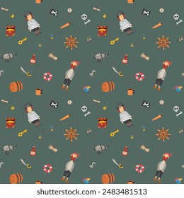 Cute Pirate elements Seamless Pattern. Cartoon items Pirate and objects. background. Vector illustration.