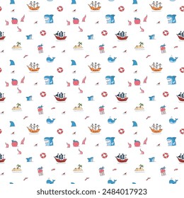 Cute Pirate elements Seamless Pattern. Cartoon items Pirate and objects. background. Vector illustration.