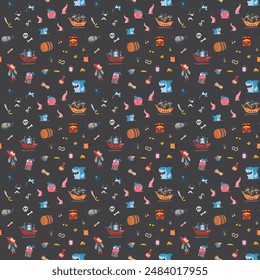 Cute Pirate elements Seamless Pattern. Cartoon items Pirate and objects. background. Vector illustration.