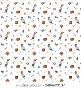 Cute Pirate elements Seamless Pattern. Cartoon items Pirate and objects. background. Vector illustration.