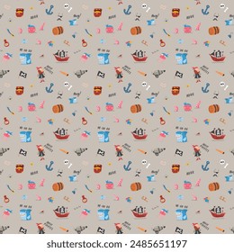 Cute Pirate elements Seamless Pattern. Cartoon items Pirate and objects. background. Vector illustration.