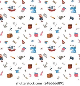 Cute Pirate elements Seamless Pattern. Cartoon items Pirate and objects. background. Vector illustration.