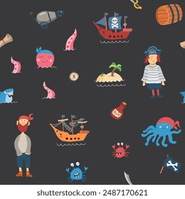 Cute Pirate elements Seamless Pattern. Cartoon items Pirate and objects. background. Vector illustration.
