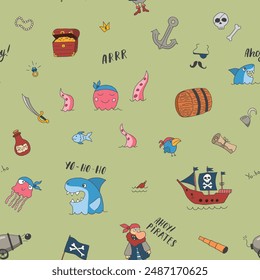 Cute Pirate elements Seamless Pattern. Cartoon items Pirate and objects. background. Vector illustration.