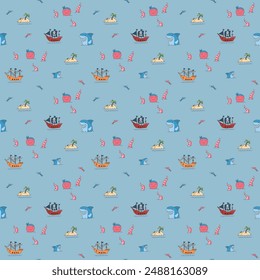Cute Pirate elements Seamless Pattern. Cartoon items Pirate and objects. background. Vector illustration.