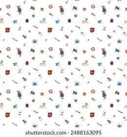 Cute Pirate elements Seamless Pattern. Cartoon items Pirate and objects. background. Vector illustration.