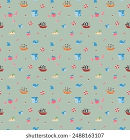 Cute Pirate elements Seamless Pattern. Cartoon items Pirate and objects. background. Vector illustration.