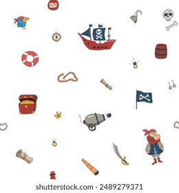 Cute Pirate elements Seamless Pattern. Cartoon items Pirate and objects. background. Vector illustration.