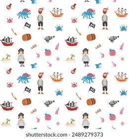 Cute Pirate elements Seamless Pattern. Cartoon items Pirate and objects. background. Vector illustration.