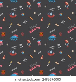 Cute Pirate elements Seamless Pattern. Cartoon items Pirate and objects. background. Vector illustration.