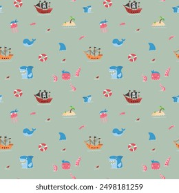 Cute Pirate elements Seamless Pattern. Cartoon items Pirate and objects. background. Vector illustration.